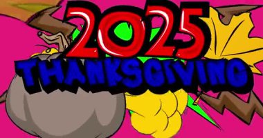 Çizgi roman, pop sanatı 2025 Şükran Günü balkabağı ve sonbahar yapraklarıyla baloncuğu süsledi. Çizgi roman hareketi grafikleri.