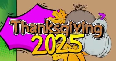 Çizgi roman, pop sanatı 2025 Şükran Günü balkabağı ve sonbahar yapraklarıyla baloncuğu süsledi. Çizgi roman hareketi grafikleri.