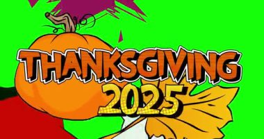 Çizgi roman, pop sanatı 2025 Şükran Günü balkabağı ve sonbahar yapraklarıyla baloncuğu süsledi. Çizgi roman hareketi grafikleri.