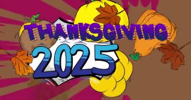 Çizgi roman, pop sanatı 2025 Şükran Günü balkabağı ve sonbahar yapraklarıyla baloncuğu süsledi. Çizgi roman hareketi grafikleri.