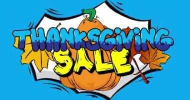 Balkabağı ve sonbahar yapraklı Şükran Günü indirimi. Modern yaratıcı pop sanatı canlı çizgi roman tarzı metin.