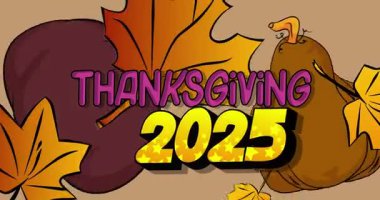 Çizgi roman, pop sanatı 2025 Şükran Günü balkabağı ve sonbahar yapraklarıyla baloncuğu süsledi. Çizgi roman hareketi grafikleri.