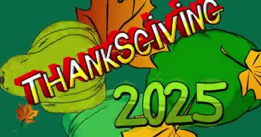 Çizgi roman, pop sanatı 2025 Şükran Günü balkabağı ve sonbahar yapraklarıyla baloncuğu süsledi. Çizgi roman hareketi grafikleri.