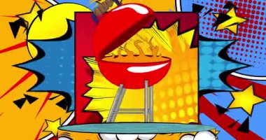 Comic Book Product sahne animasyonu Barbekü Izgara ile sunum için. Retro çizgi roman arkaplan videosu.