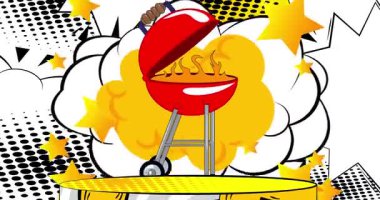 Comic Book Product sahne animasyonu Barbekü Izgara ile sunum için. Retro çizgi roman arkaplan videosu.