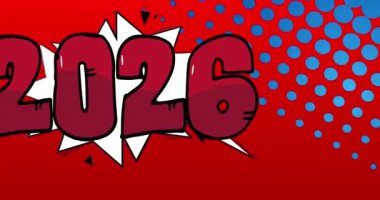 2026 numaralı çizgi film, çizgi roman yeni yıl videosu. Retro çizgi roman pop sanat tasarımı animasyonu.
