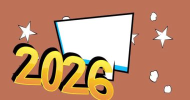 Karikatür 2026, boş konuşma balonu, çizgi roman yeni yıl videosu. Retro çizgi roman pop sanat animasyonu.