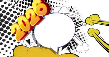 Karikatür 2026, boş konuşma balonu, çizgi roman yeni yıl videosu. Retro çizgi roman pop sanat animasyonu.