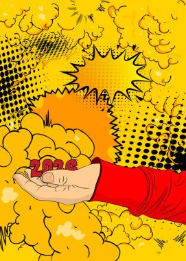 Çizgi film, çizgi roman insan eli 2026 'yı tutuyor. Retro vektör çizgi romanları pop sanat tasarımı.