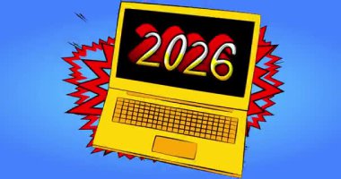 Çizgi dizüstü bilgisayar, 2026 numaralı çizgi roman defteri. Retro çizgi roman pop sanat animasyonu.