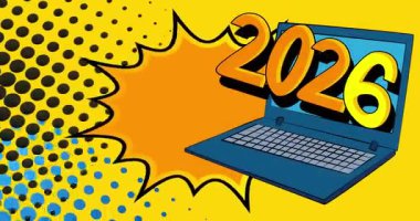 Çizgi dizüstü bilgisayar, 2026 numaralı çizgi roman defteri. Retro çizgi roman pop sanat animasyonu.