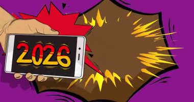 Çizgi film Smartphone, 2026 numaralı çizgi roman telefonu. Retro animasyon, çizgi roman pop sanat videosu.