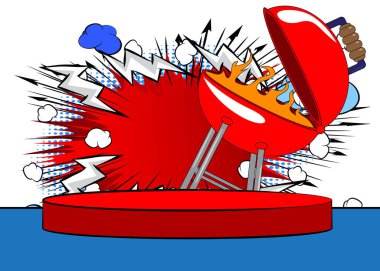 Mangal ızgarasında yanan odunla sunum yapmak için Comic Book Product podyumu. Retro çizgi roman arkaplanı.