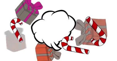 Çizgi roman hediye kutusu ve şeker bastonu, boş konuşma balonu, çizgi roman Noel videosu. Retro çizgi roman pop sanat animasyonu.