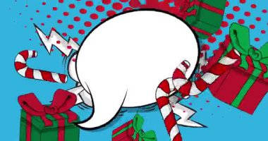 Çizgi roman hediye kutusu ve şeker bastonu, boş konuşma balonu, çizgi roman Noel videosu. Retro çizgi roman pop sanat animasyonu.