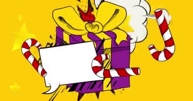 Çizgi roman hediye kutusu ve şeker bastonu, boş konuşma balonu, çizgi roman Noel videosu. Retro çizgi roman pop sanat animasyonu.