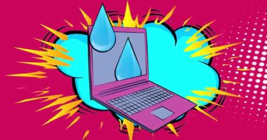 Çizgi dizüstü bilgisayar, su damlası olan çizgi roman defteri. Retro çizgi roman pop sanat animasyonu.