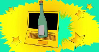 Çizgi dizüstü bilgisayar, cam şişeli çizgi roman defteri. Retro çizgi roman pop sanat animasyonu.