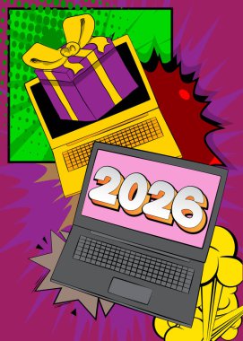 Çizgi dizüstü bilgisayar, Hediye Kutusu ve 2026 numaralı çizgi roman defteri. Retro vektör çizgi romanları pop sanat tasarımı.