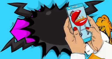 Çizgi film Smartphone, çizgi roman Barbekü Izgaralı Telefon. Retro animasyon, çizgi roman pop sanat videosu.