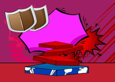 Shield 'ın sunumu için Comic Book Product podyumu. Retro çizgi roman arkaplanı.