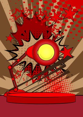 Ofis lambasıyla sunum yapmak için Comic Book Product podyumu. Retro çizgi roman arkaplanı.