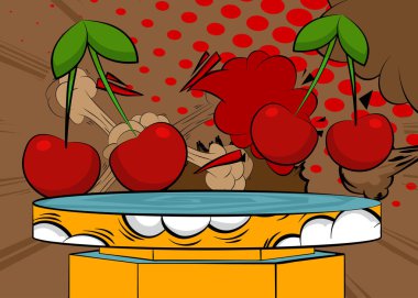 Cherry 'nin sunumu için Comic Book Product podyumu. Retro çizgi roman arkaplanı.