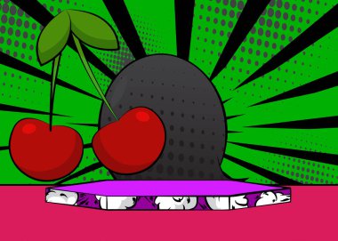 Cherry 'nin sunumu için Comic Book Product podyumu. Retro çizgi roman arkaplanı.