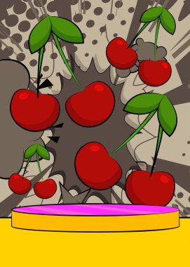 Cherry 'nin sunumu için Comic Book Product podyumu. Retro çizgi roman arkaplanı.