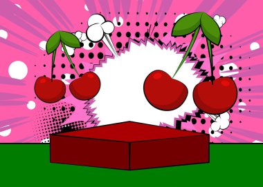 Cherry 'nin sunumu için Comic Book Product podyumu. Retro çizgi roman arkaplanı.