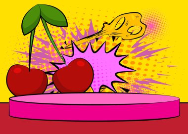 Cherry 'nin sunumu için Comic Book Product podyumu. Retro çizgi roman arkaplanı.