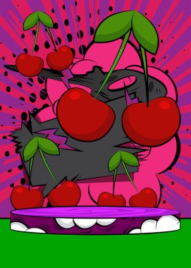 Cherry 'nin sunumu için Comic Book Product podyumu. Retro çizgi roman arkaplanı.