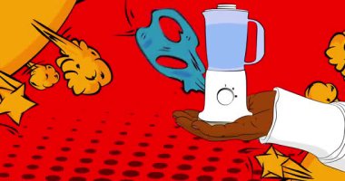 Çizgi film, çizgi roman insan eli yiyecek karıştırıcı. Retro video, çizgi roman pop sanat animasyonu.