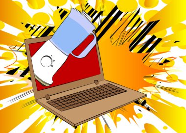 Çizgi dizüstü bilgisayar, yiyecek karıştırıcılı çizgi roman defteri. Retro vektör çizgi romanları pop sanat tasarımı.