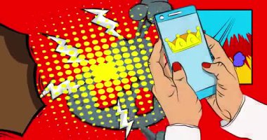 Çizgi film Smartphone, Crown 'la telefon çizgi romanı. Retro animasyon, çizgi roman pop sanat videosu.