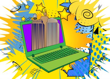 Dizüstü bilgisayar, gökdelenli çizgi roman defteri. Retro vektör çizgi romanları pop sanat tasarımı.