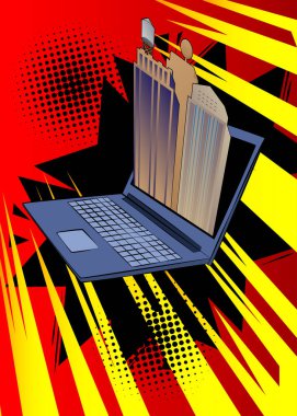 Dizüstü bilgisayar, gökdelenli çizgi roman defteri. Retro vektör çizgi romanları pop sanat tasarımı.