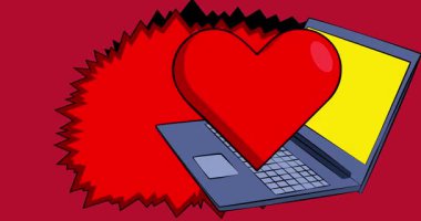 Dizüstü bilgisayar, Red Heart 'lı çizgi roman defteri. Retro çizgi roman pop sanat animasyonu.