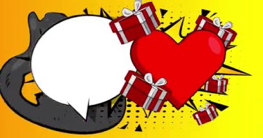 Çizgi film kalbi ve boş konuşma balonlu hediye kutusu, çizgi roman Sevgililer Günü videosu. Retro çizgi roman pop sanat animasyonu.