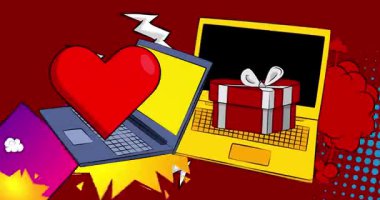 Çizgi dizüstü bilgisayar, Kalp ve hediye kutusu olan çizgi roman defteri. Retro çizgi roman pop sanat animasyonu.
