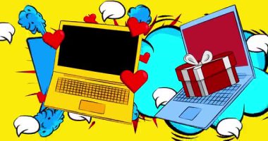 Çizgi dizüstü bilgisayar, Kalp ve hediye kutusu olan çizgi roman defteri. Retro çizgi roman pop sanat animasyonu.