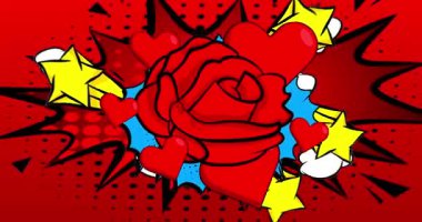 Çizgi film Red Heart ve Rose, çizgi roman Sevgililer Günü videosu. Retro çizgi roman pop sanat tasarımı animasyonu.