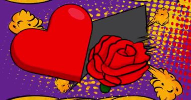 Çizgi film Red Heart ve Rose, çizgi roman Sevgililer Günü videosu. Retro çizgi roman pop sanat tasarımı animasyonu.