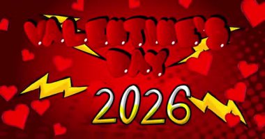 Karikatür Sevgililer Günü 2026 metin, çizgi roman aşk tatil videosu. Retro çizgi roman pop sanat tasarımı animasyonu.