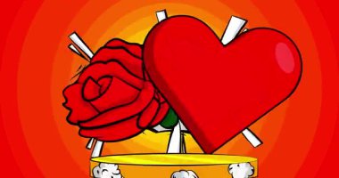 Red Heart ve Rose 'un sunumu için Comic Book Product sahne animasyonu. Retro çizgi roman arkaplan videosu.
