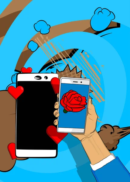 Çizgi film Smartphone, Red Heart ve Rose 'la çizgi roman telefonu. Retro vektör çizgi romanları pop sanat tasarımı.