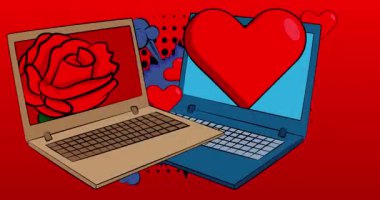 Dizüstü bilgisayar, Red Heart ve Rose 'un olduğu çizgi roman defteri. Retro çizgi roman pop sanat animasyonu.