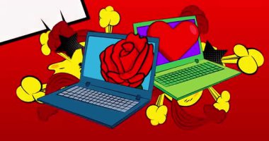 Dizüstü bilgisayar, Red Heart ve Rose 'un olduğu çizgi roman defteri. Retro çizgi roman pop sanat animasyonu.