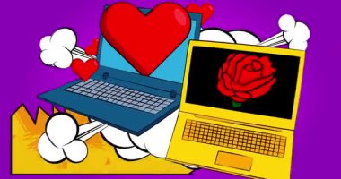 Dizüstü bilgisayar, Red Heart ve Rose 'un olduğu çizgi roman defteri. Retro çizgi roman pop sanat animasyonu.