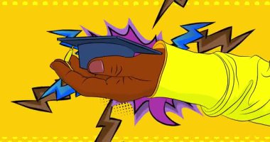 Çizgi film, çizgi roman insan eli Mezuniyet Şapkası. Retro video, çizgi roman pop sanat animasyonu.